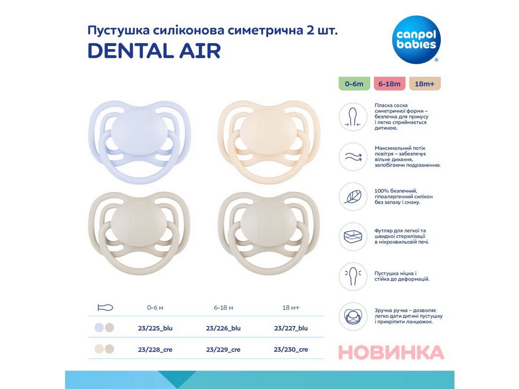 Пустышка силиконовая симметричная Dental Air, 0-6 мес., 2 шт., 23/228_cre, Canpol Babies
