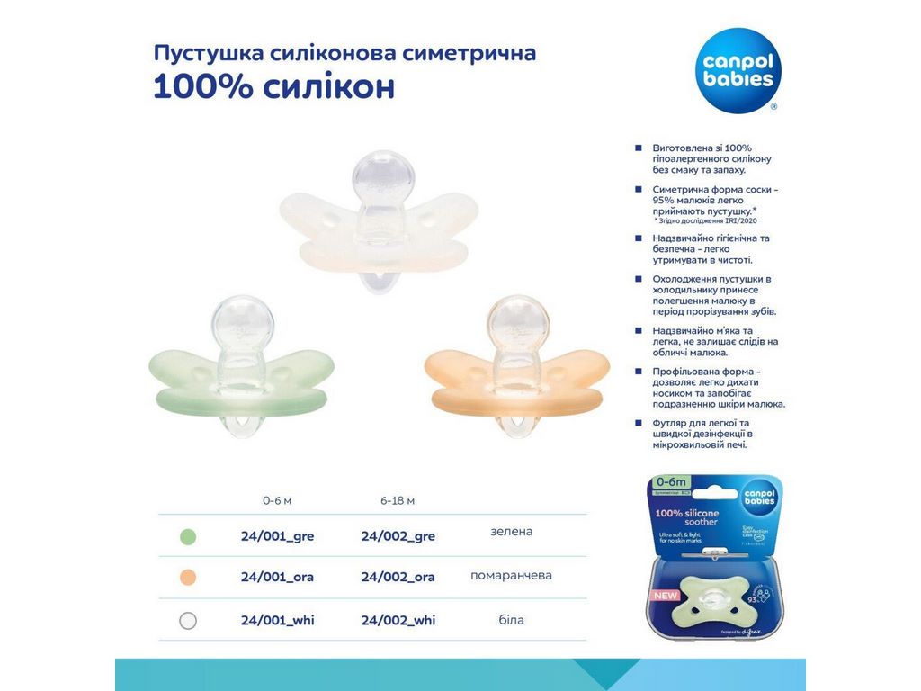 Пустышка силиконовая симметричная, 0-6 мес, 24/001_WHI, Canpol Babies
