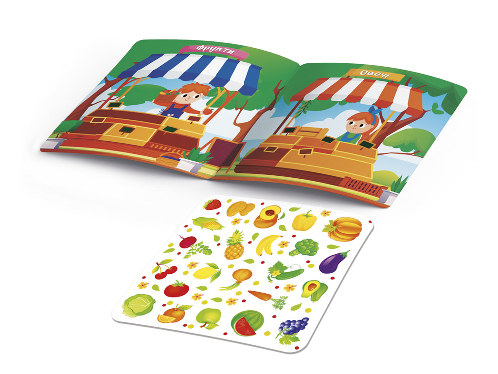 Книга с мягкими наклейками "Овощи и фрукты", наклейки 23+, 3+, Vladi Toys