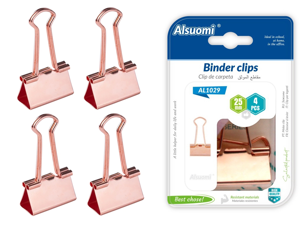 Затискач для паперу Binder 25 мм, рожеве золото, 4 шт