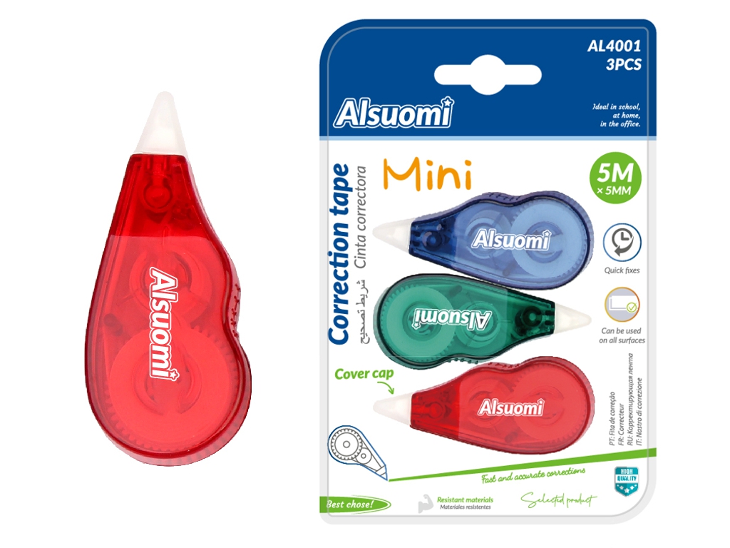 Коректор-стрічка Alsuomi Mini, 5 мм × 5 м, набір 3 шт, різнокольорові