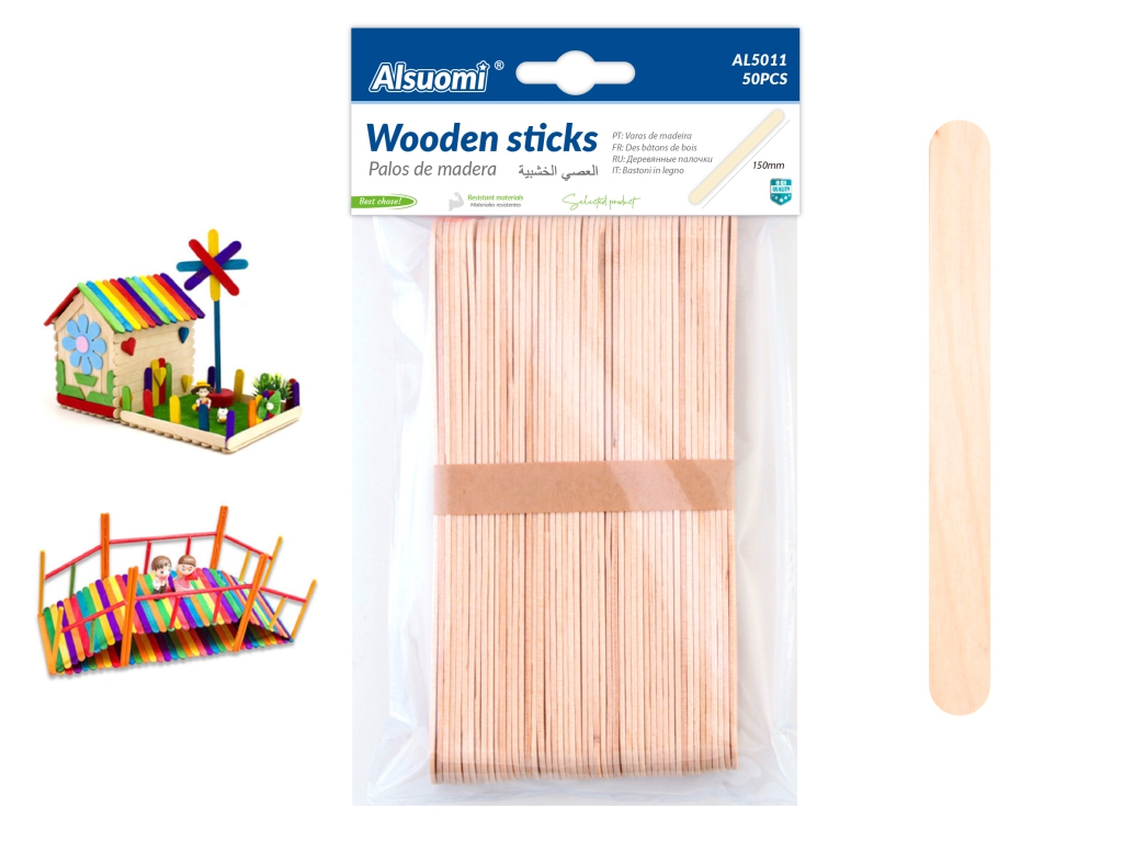 Палички дерев'яні для творчості Wooden Sticks, 150 мм, набір 50 шт, Alsumi
