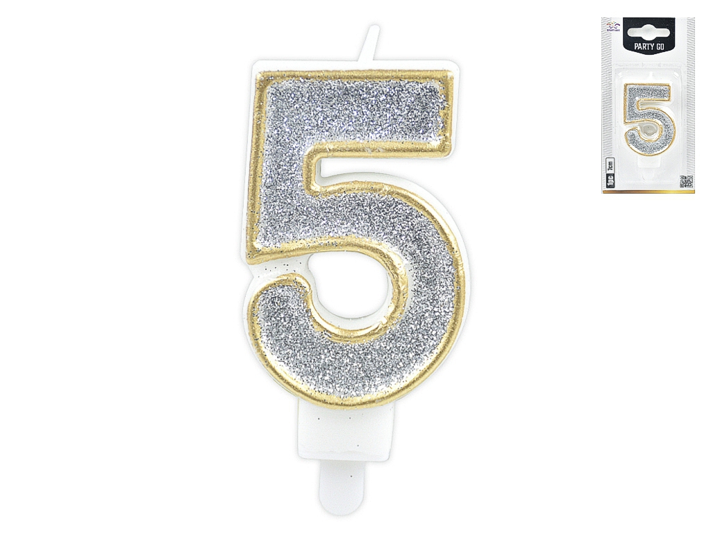 Свеча для торта цифра "5", серебряная с блестками, 7 см