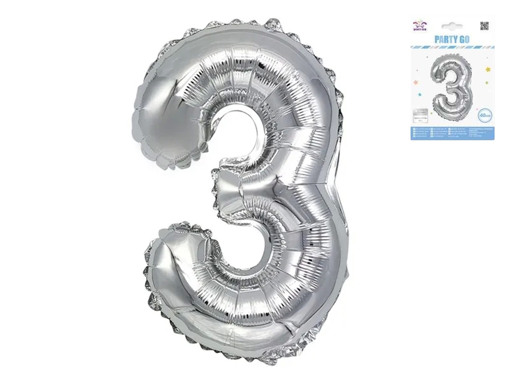 Куля фольгована цифра 3 Party Go 40 см, самотримаюча форма, срібна