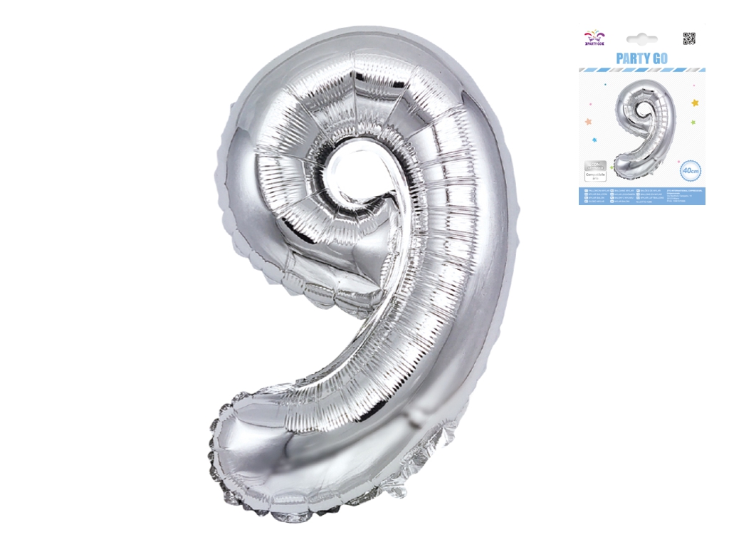 Куля фольгована цифра 9 Party Go 40 см, самотримаюча форма, срібна