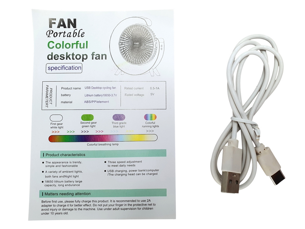 Вентилятор настільний акумуляторний USB 24 см, з LED-підсвічуванням, Fan Music