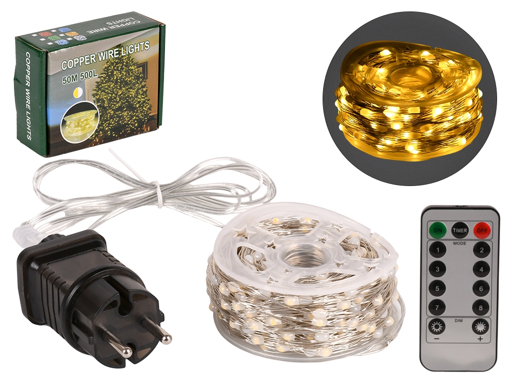 Гірлянда світлодіодна жовта Роса білий дріт з пультом 50м 500led, R33985-4