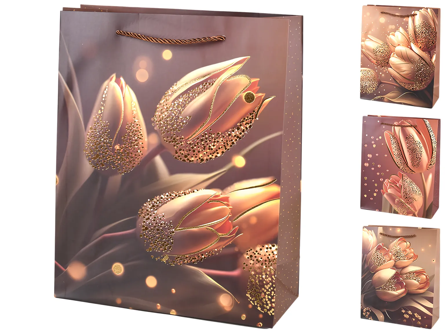 Подарочный пакет Tulips S, бумажный, 18×24×8,5 см, 4 дизайна (цена за 1шт)