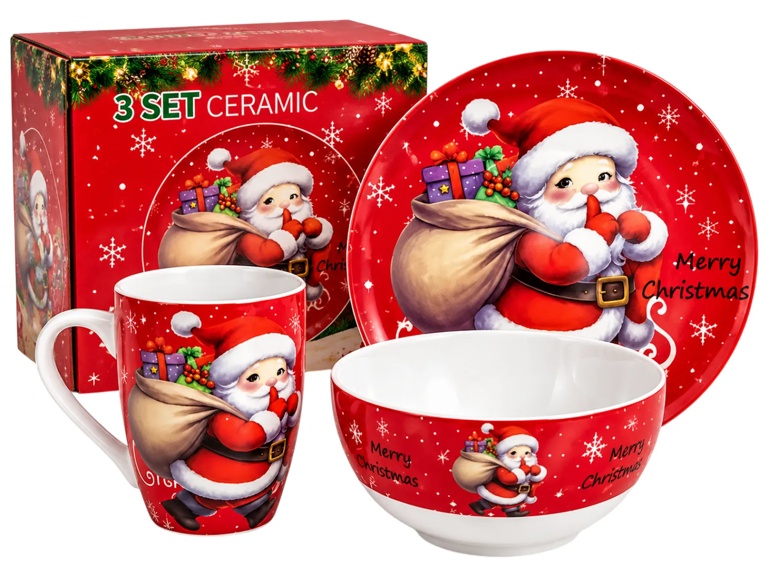 Новогодний набор посуды Winter Set, тарелка, пиала, чашка 360 мл, 3 предмета