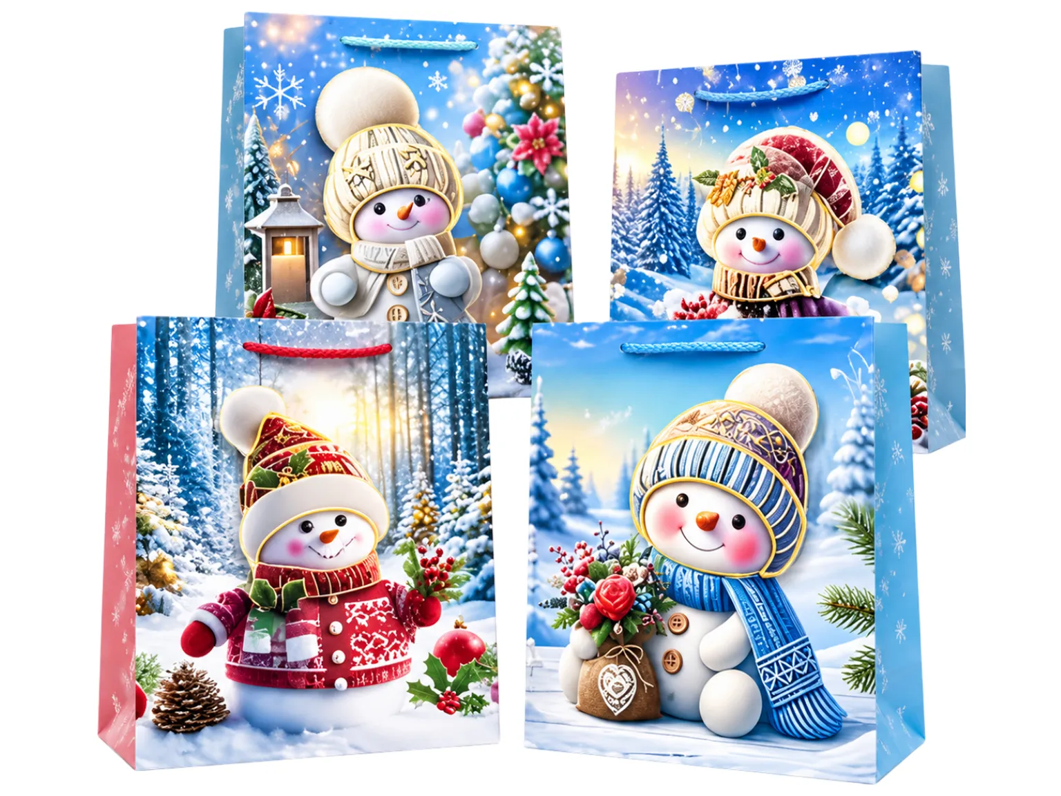 Новогодний подарочный пакет Snowman 3D L, бумажный, 30×41,5×12 см, 4 дизайна (цена за 1шт)