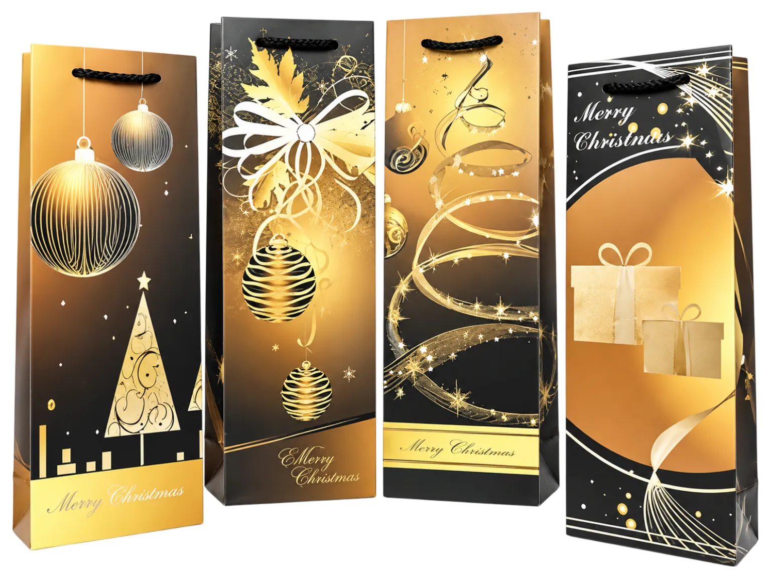 Новогодний подарочный пакет Christmas gifts для бутылки, 12×9×35 см, 4 дизайна (цена за 1шт)