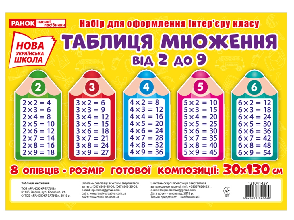 Учебный набор-плакат "Таблица умножения от 2 до 9", НУШ 1 класс, Ранок