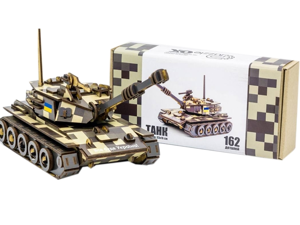 Дерев'яний 3D конструктор Танк, 162 деталі, PuzzleOK 162-0074