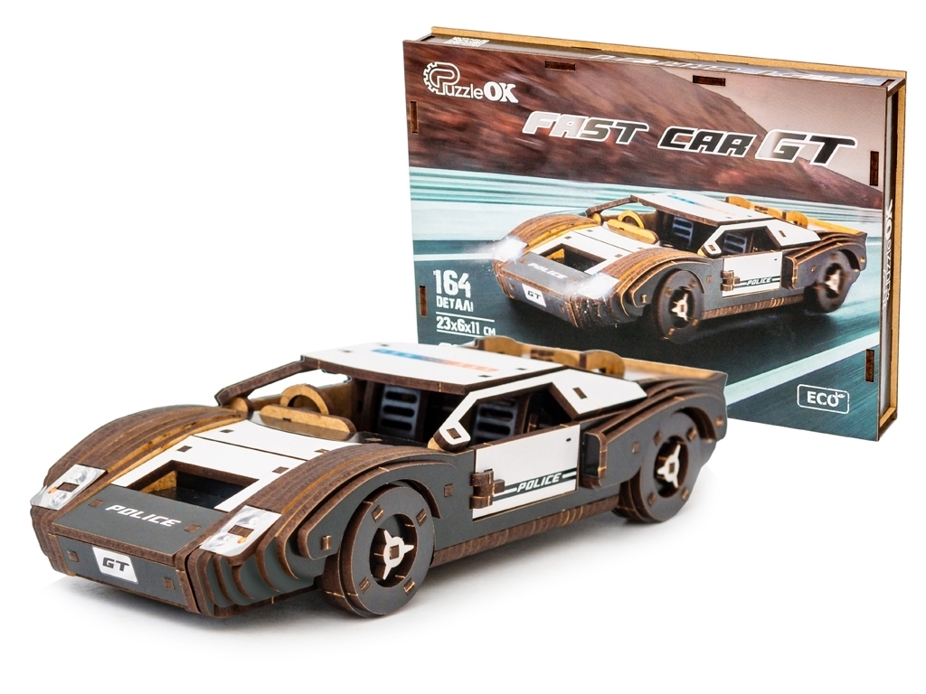 Дерев'яний 3D конструктор поліція Fast Car GT, 164 деталі, PuzzleOk Puz-26916
