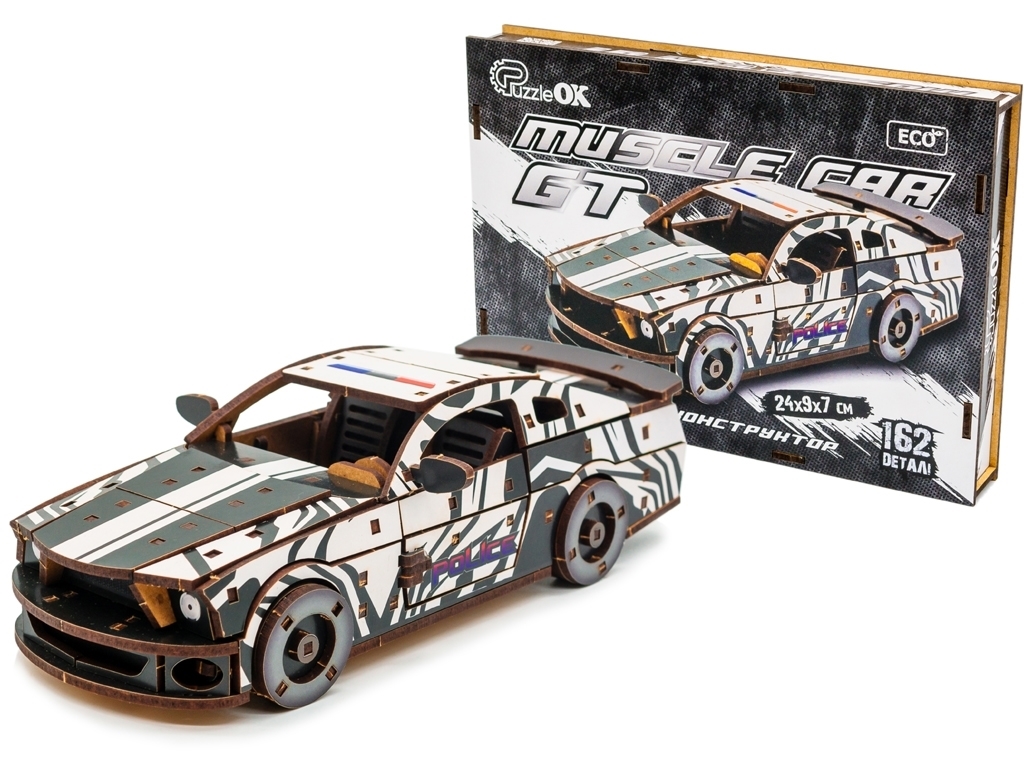 Дерев'яний 3D конструктор білий Поліція Muscle Car, 162 деталі, PuzzleOk Puz-00639