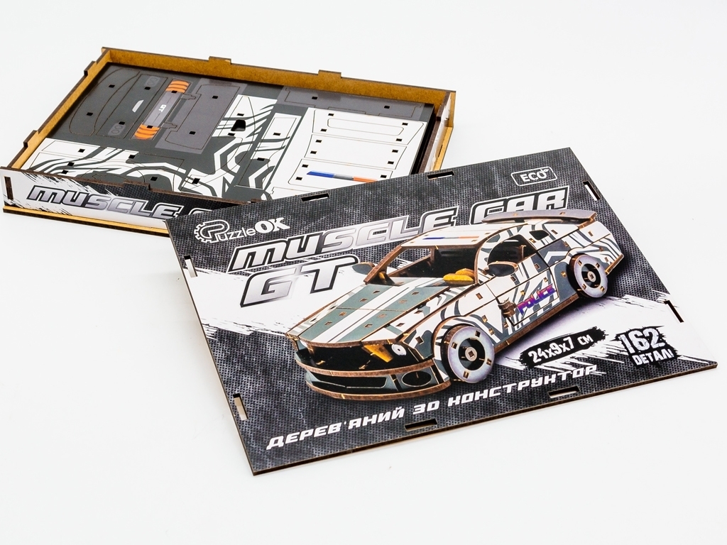 Дерев'яний 3D конструктор білий Поліція Muscle Car, 162 деталі, PuzzleOk Puz-00639