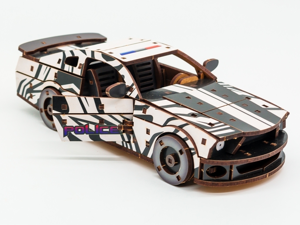 Дерев'яний 3D конструктор білий Поліція Muscle Car, 162 деталі, PuzzleOk Puz-00639