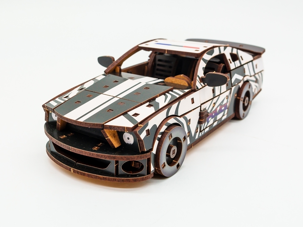 Дерев'яний 3D конструктор білий Поліція Muscle Car, 162 деталі, PuzzleOk Puz-00639