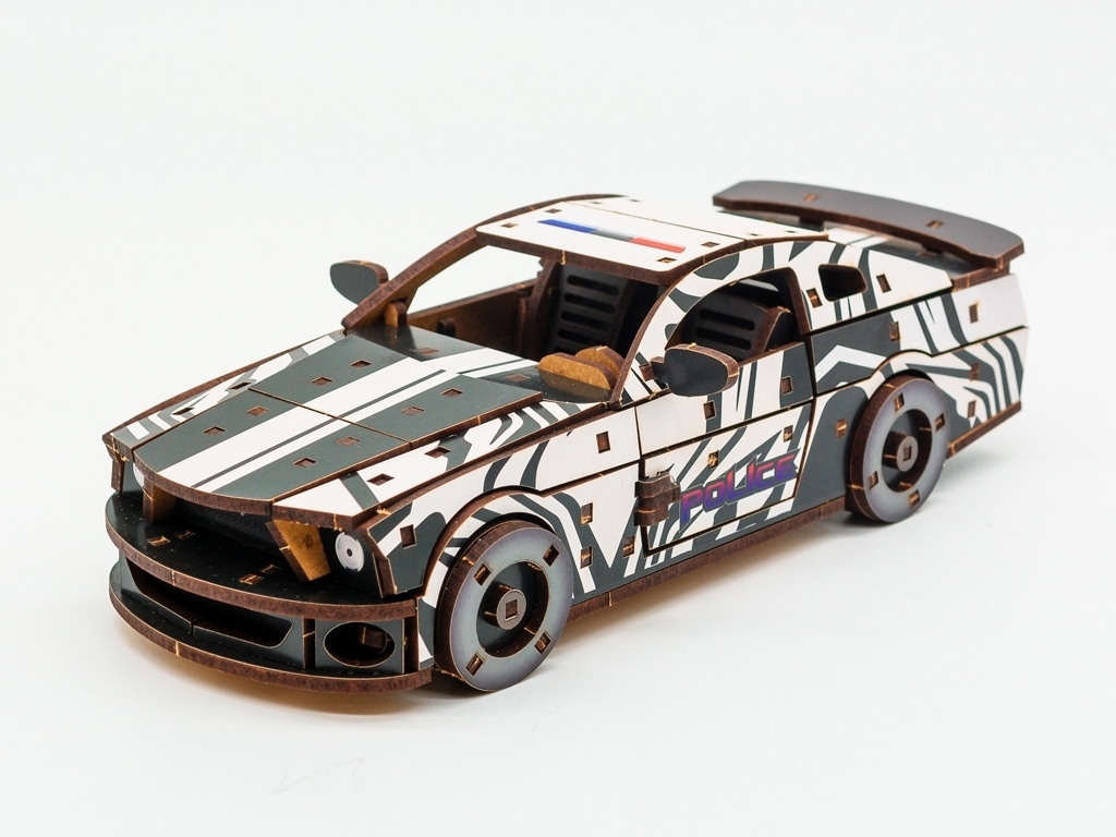 Дерев'яний 3D конструктор білий Поліція Muscle Car, 162 деталі, PuzzleOk Puz-00639