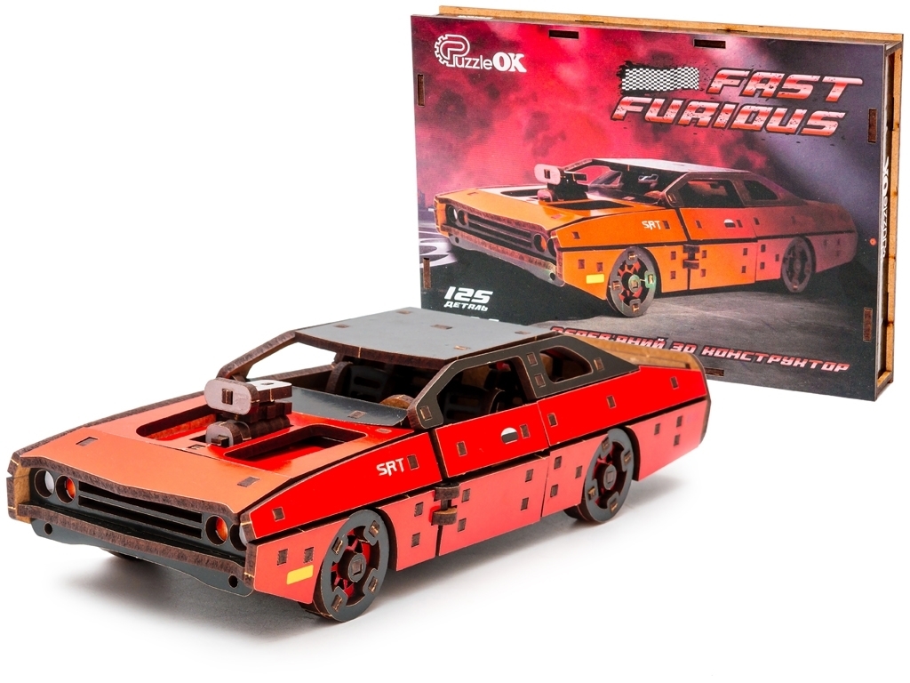 Дерев'яний 3D конструктор червоний Fast Furous, 125 деталей, PuzzleOk Puz-62520