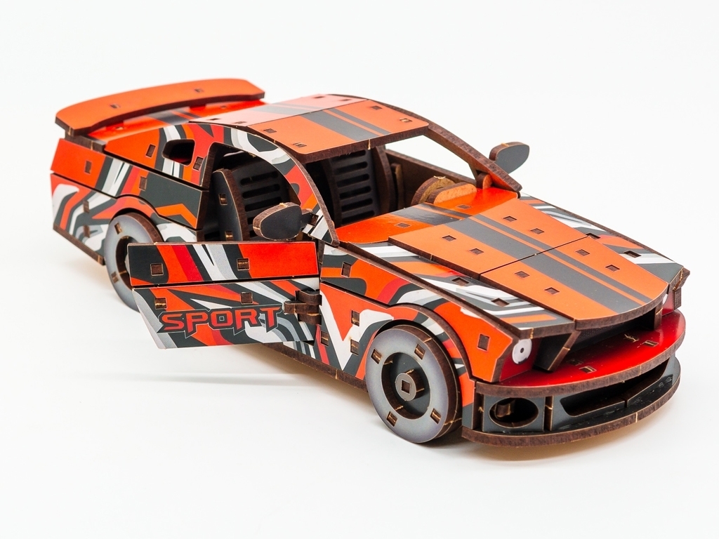 Деревянный 3D конструктор красный Muscle Car, 162 детали