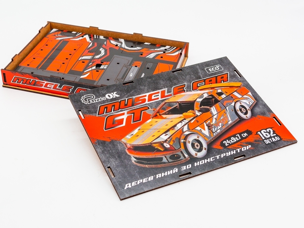 Деревянный 3D конструктор красный Muscle Car, 162 детали