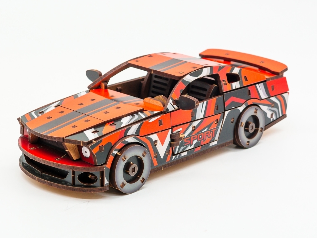 Деревянный 3D конструктор красный Muscle Car, 162 детали