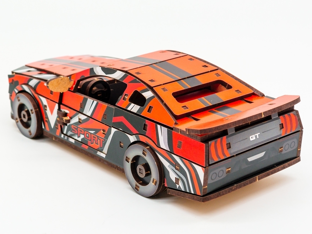 Деревянный 3D конструктор красный Muscle Car, 162 детали