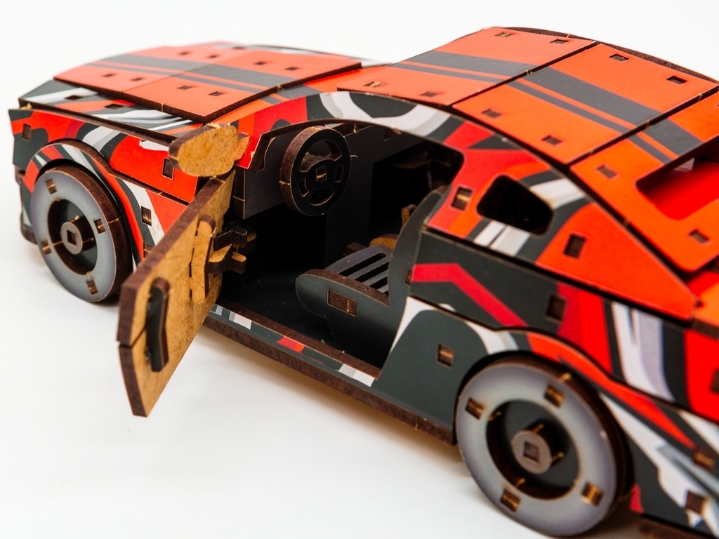 Деревянный 3D конструктор красный Muscle Car, 162 детали