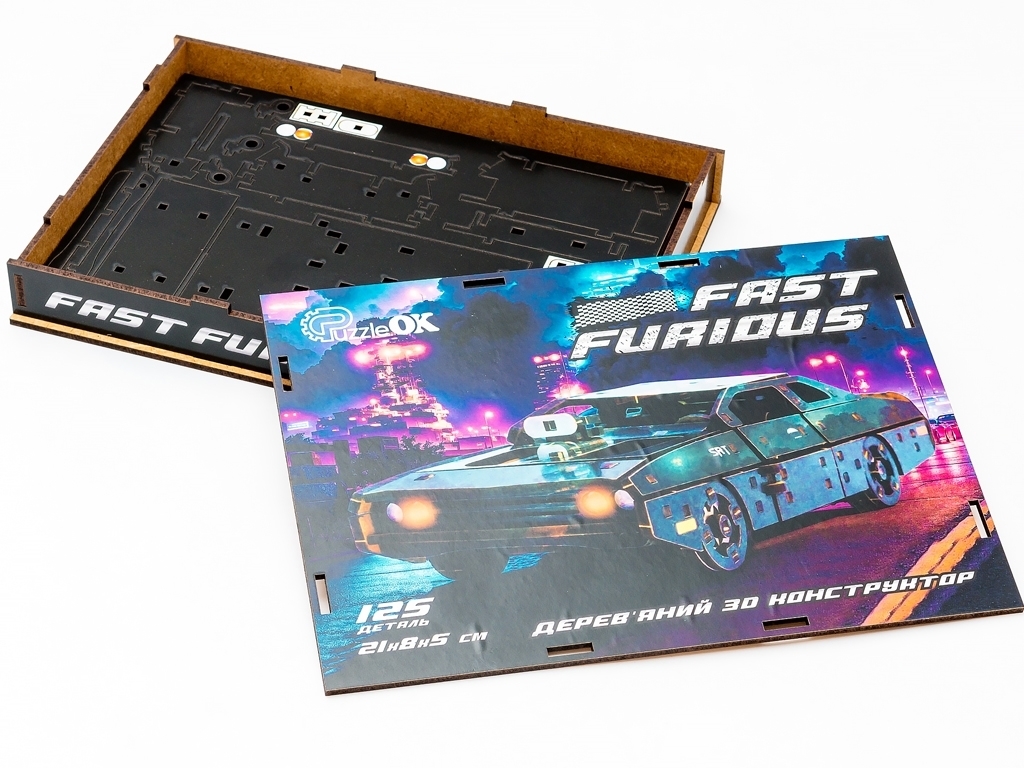 Деревянный 3D конструктор черный Fast Furous, 125 деталей, PuzzleOk Puz-62519