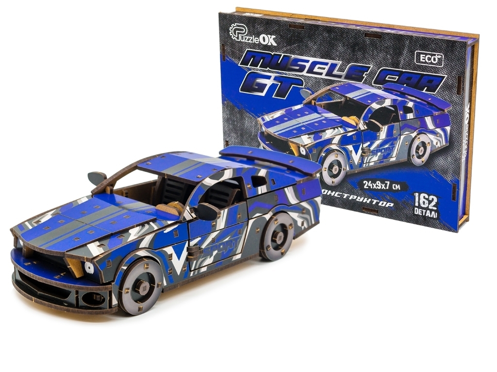 Дерев'яний 3D конструктор синій Muscle Car, 162 деталі