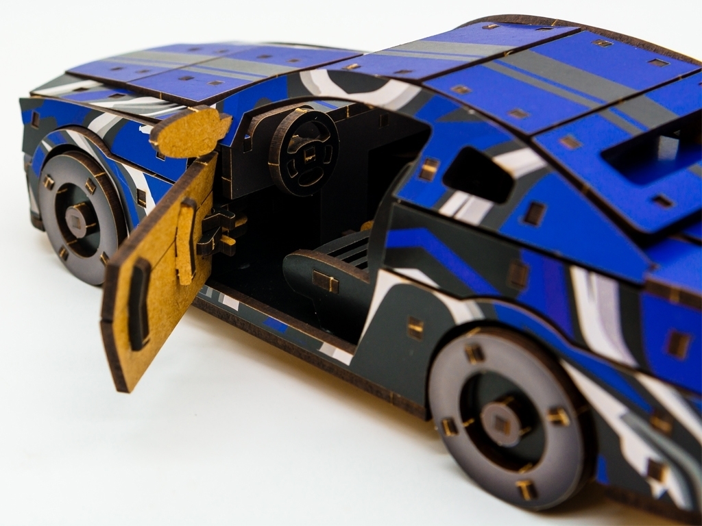 Дерев'яний 3D конструктор синій Muscle Car, 162 деталі