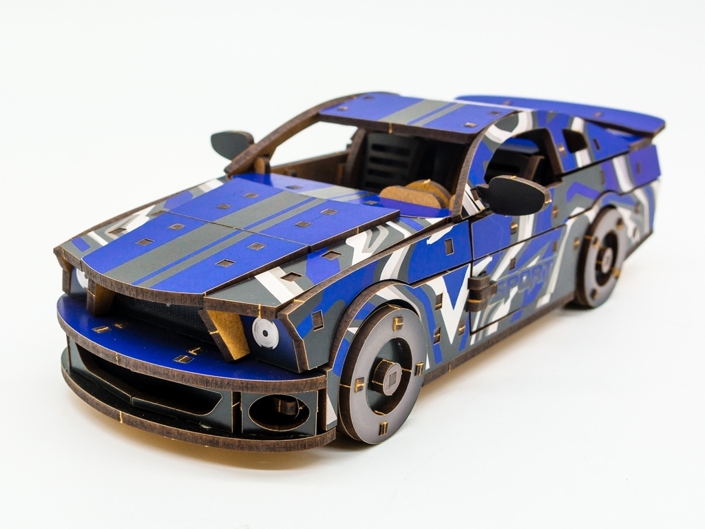 Дерев'яний 3D конструктор синій Muscle Car, 162 деталі