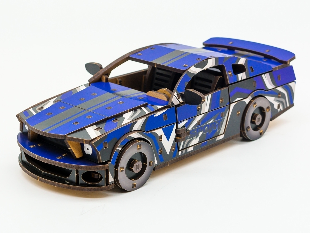 Дерев'яний 3D конструктор синій Muscle Car, 162 деталі