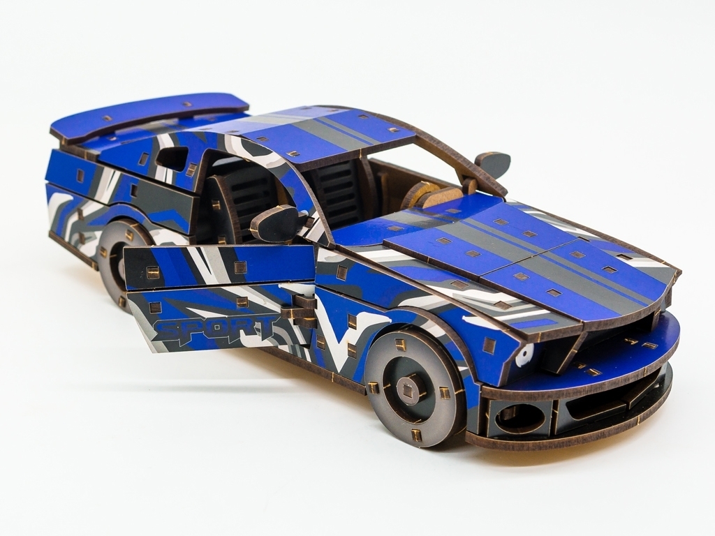 Дерев'яний 3D конструктор синій Muscle Car, 162 деталі