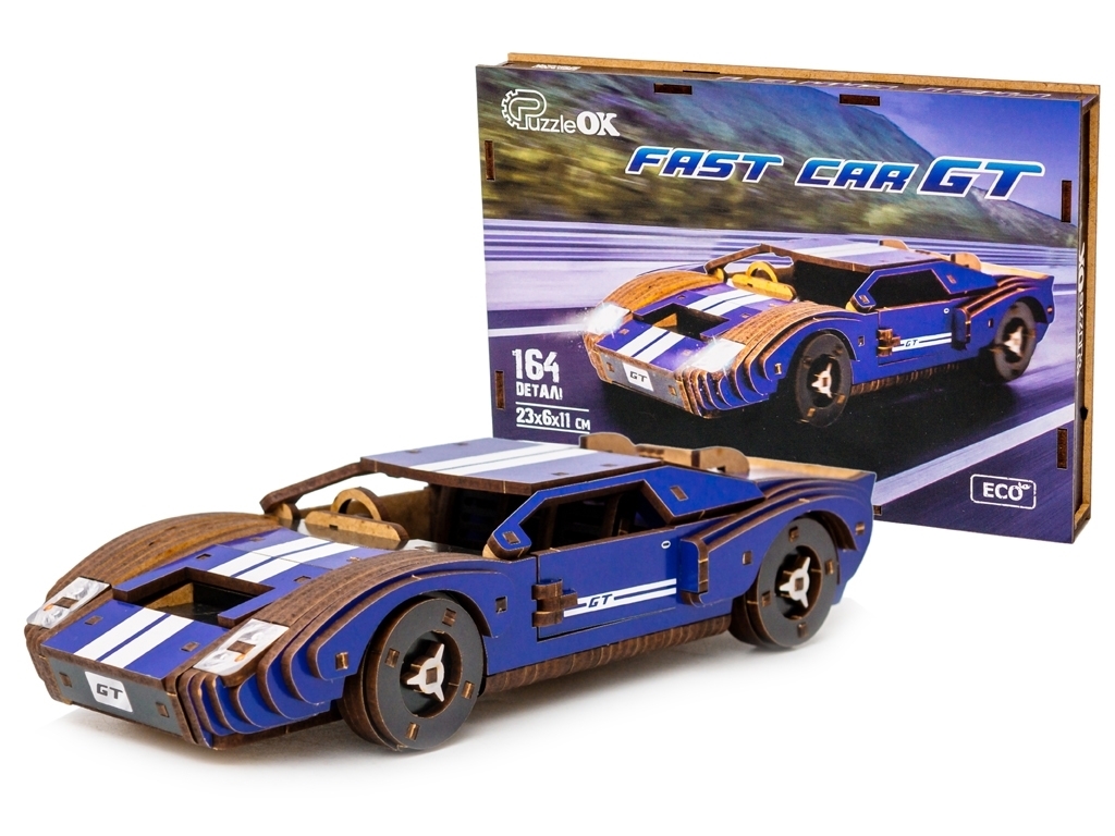 Дерев'яний 3D конструктор синій Fast Car GT, 164 деталі, PuzzleOk Puz-26915