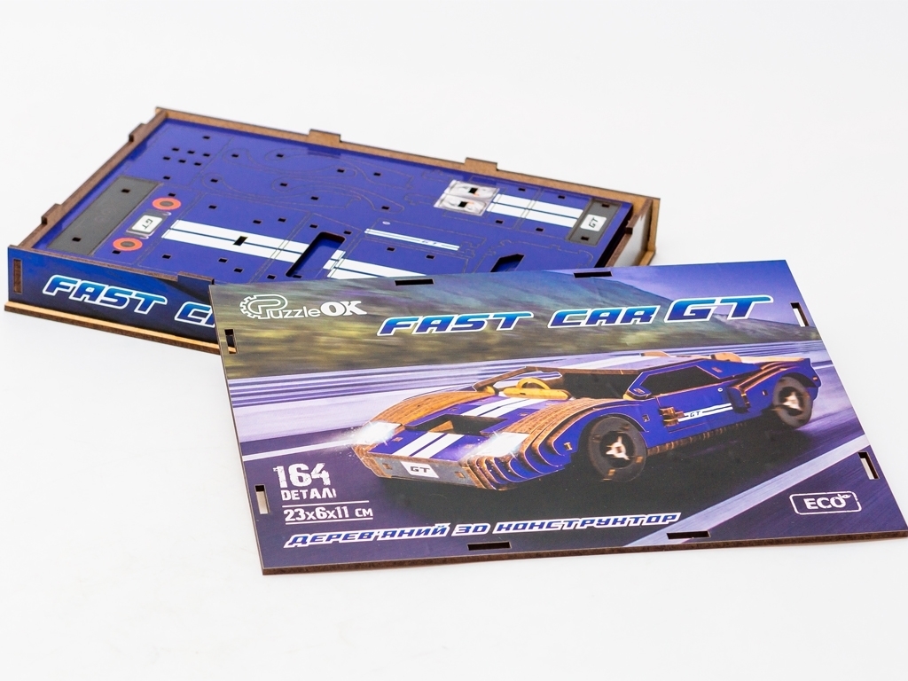 Дерев'яний 3D конструктор синій Fast Car GT, 164 деталі, PuzzleOk Puz-26915