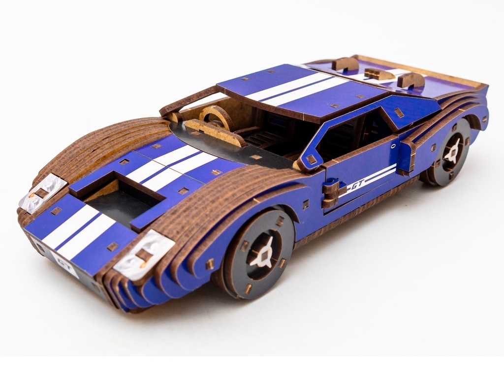 Дерев'яний 3D конструктор синій Fast Car GT, 164 деталі, PuzzleOk Puz-26915