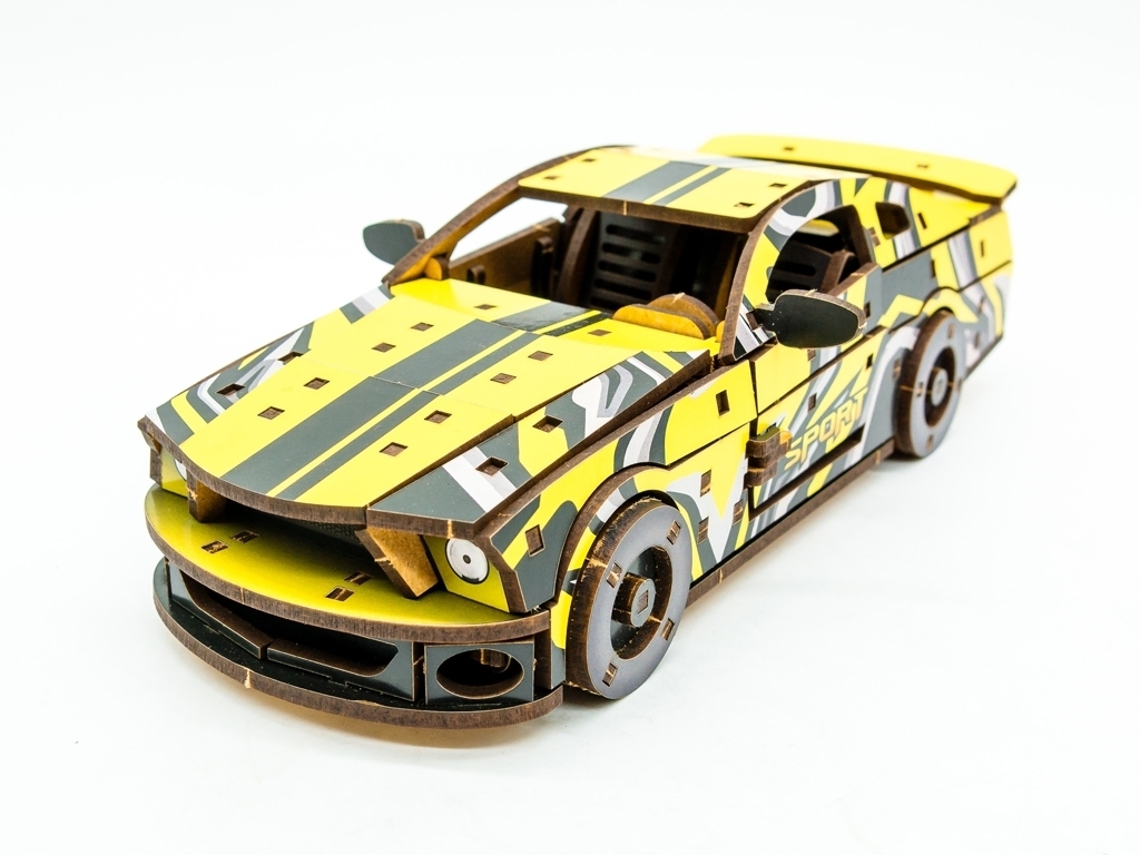 Дерев'яний 3D конструктор жовтий Muscle Car, 162 деталі