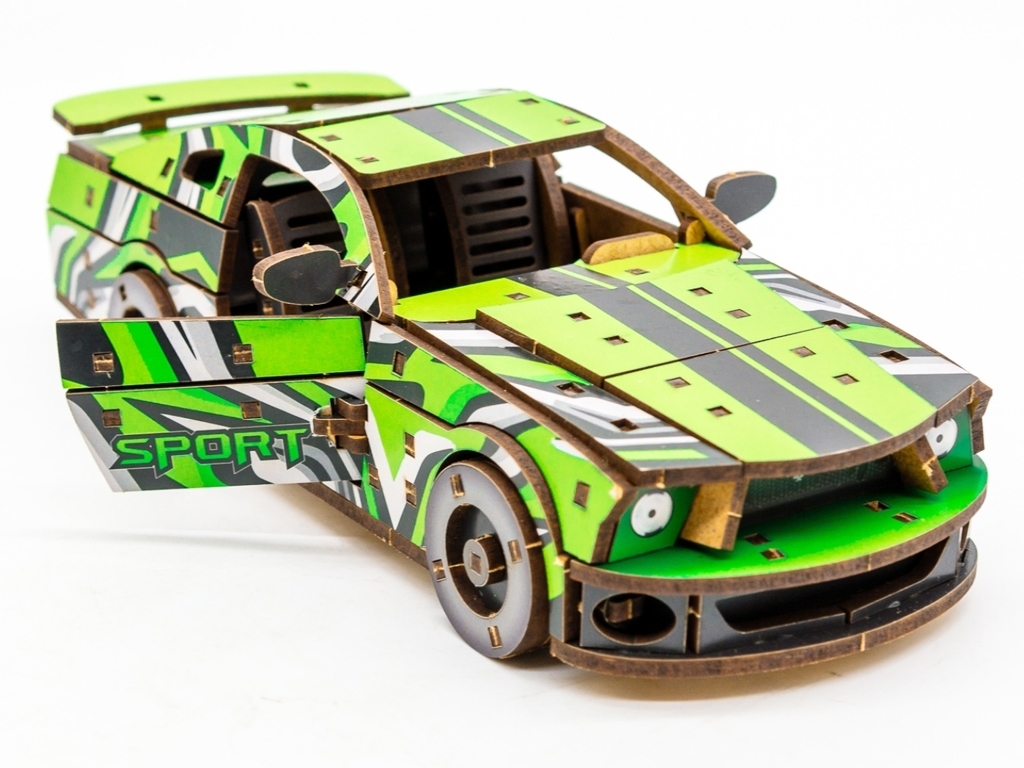 Дерев'яний 3D конструктор жовтий Muscle Car, 162 деталі