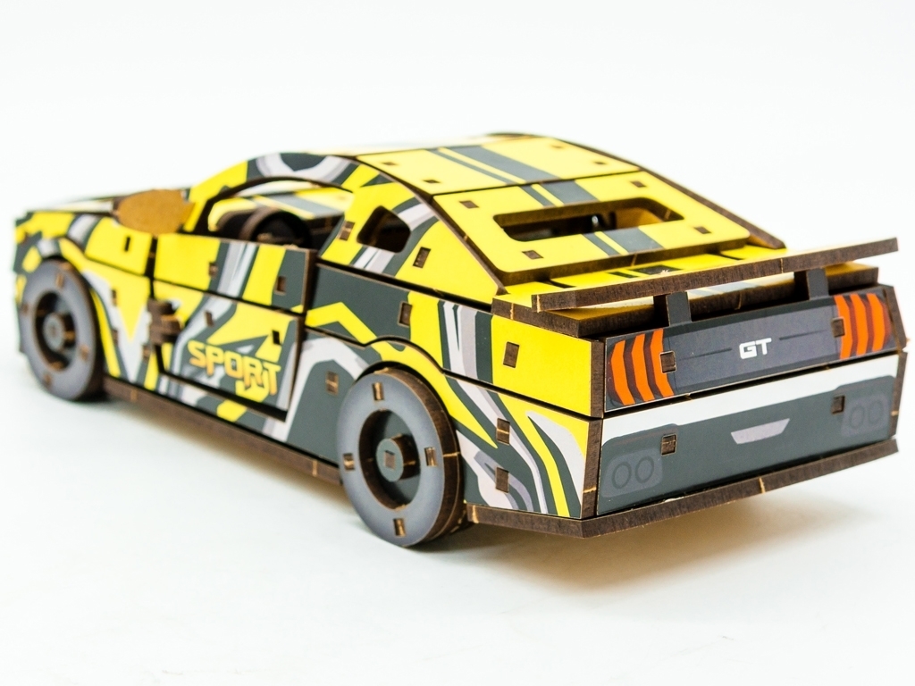 Дерев'яний 3D конструктор жовтий Muscle Car, 162 деталі