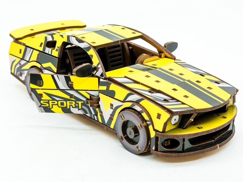 Дерев'яний 3D конструктор жовтий Muscle Car, 162 деталі