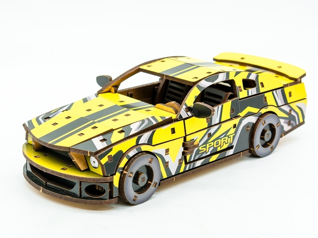 Дерев'яний 3D конструктор жовтий Muscle Car, 162 деталі