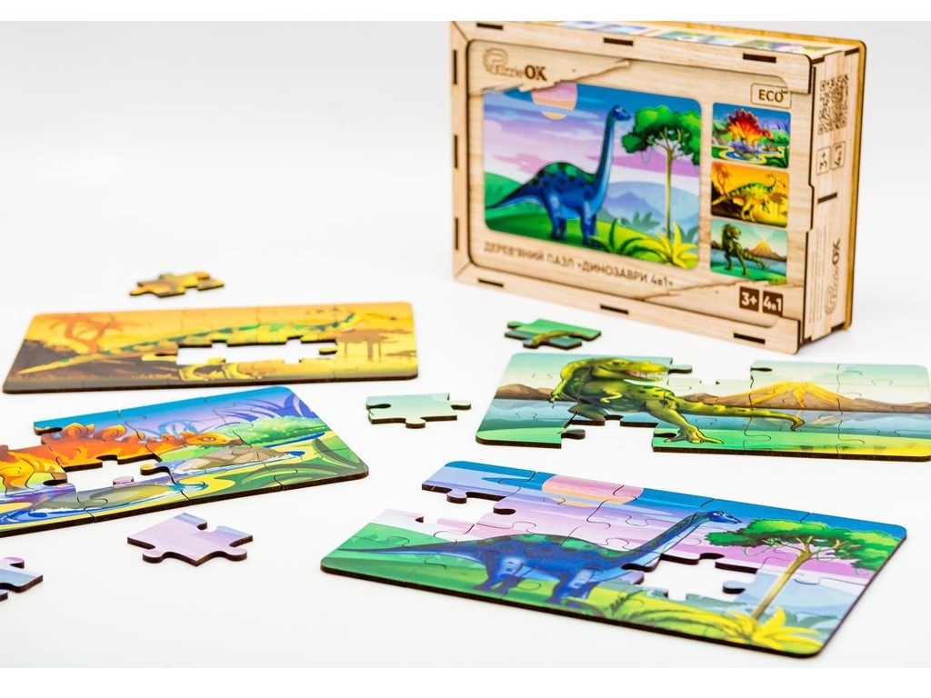 Деревянный пазл 4в1 Динозавры, 80 элементов, PuzzleOk