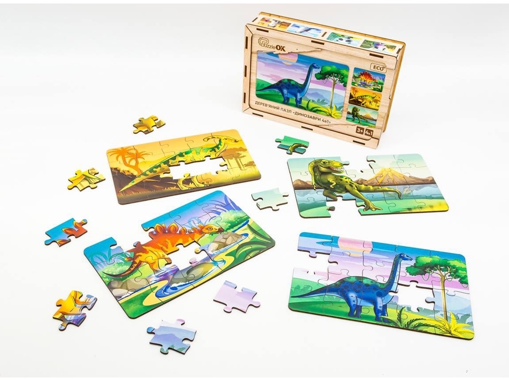 Деревянный пазл 4в1 Динозавры, 80 элементов, PuzzleOk