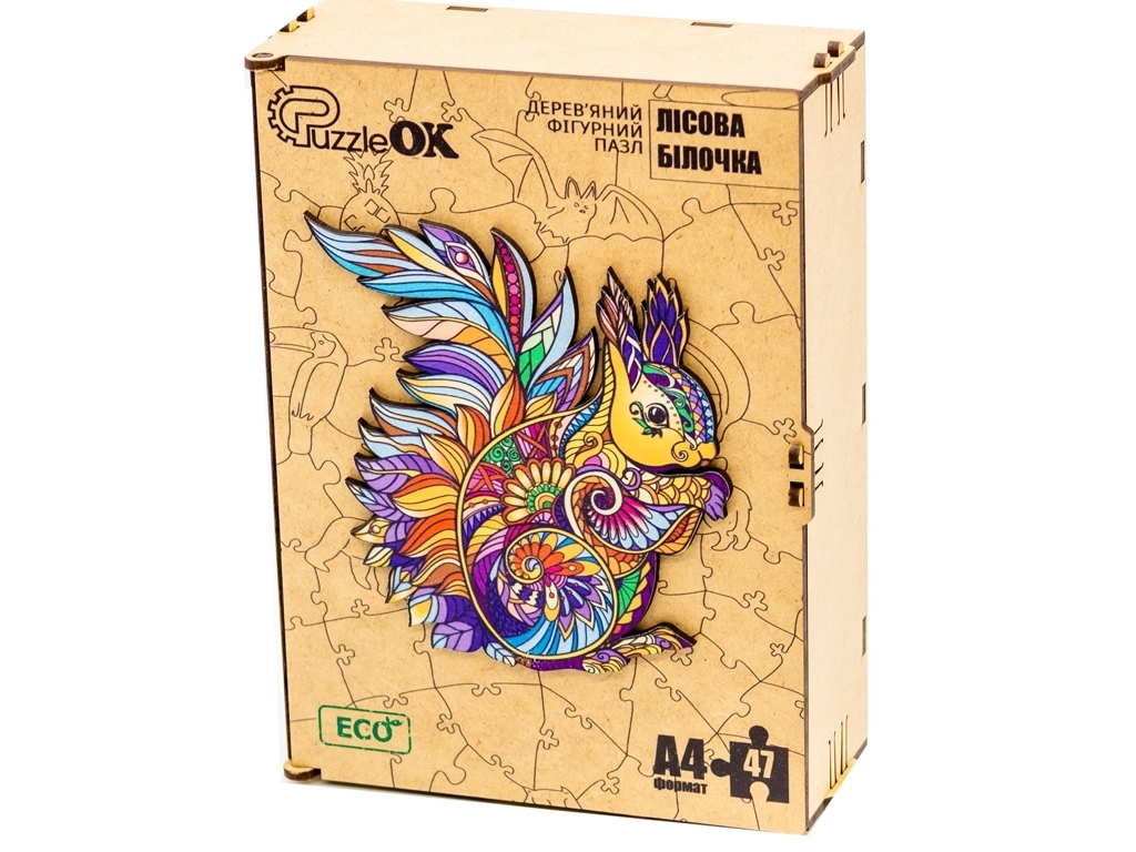 Фигурный деревянный пазл Лесная белочка A4, в деревянной упаковке, PuzzleOk