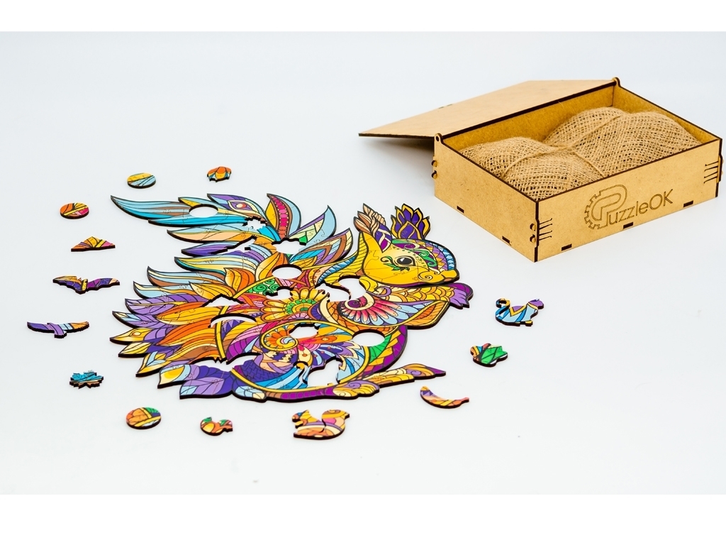 Фигурный деревянный пазл Лесная белочка A4, в деревянной упаковке, PuzzleOk