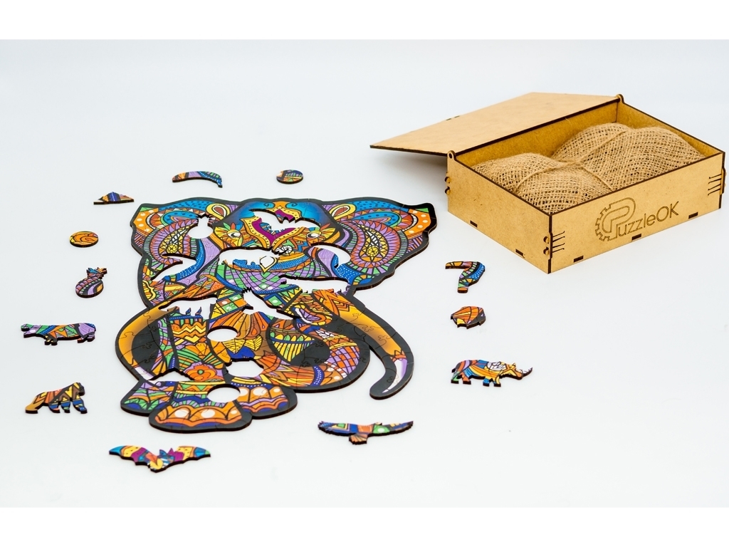Фигурный деревянный пазл Индийский слон A3, в деревянной упаковке, PuzzleOk