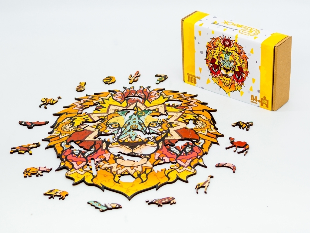 Пазл фигурный деревянный Африканский лев A4, в картонной упаковке, PuzzleOk
