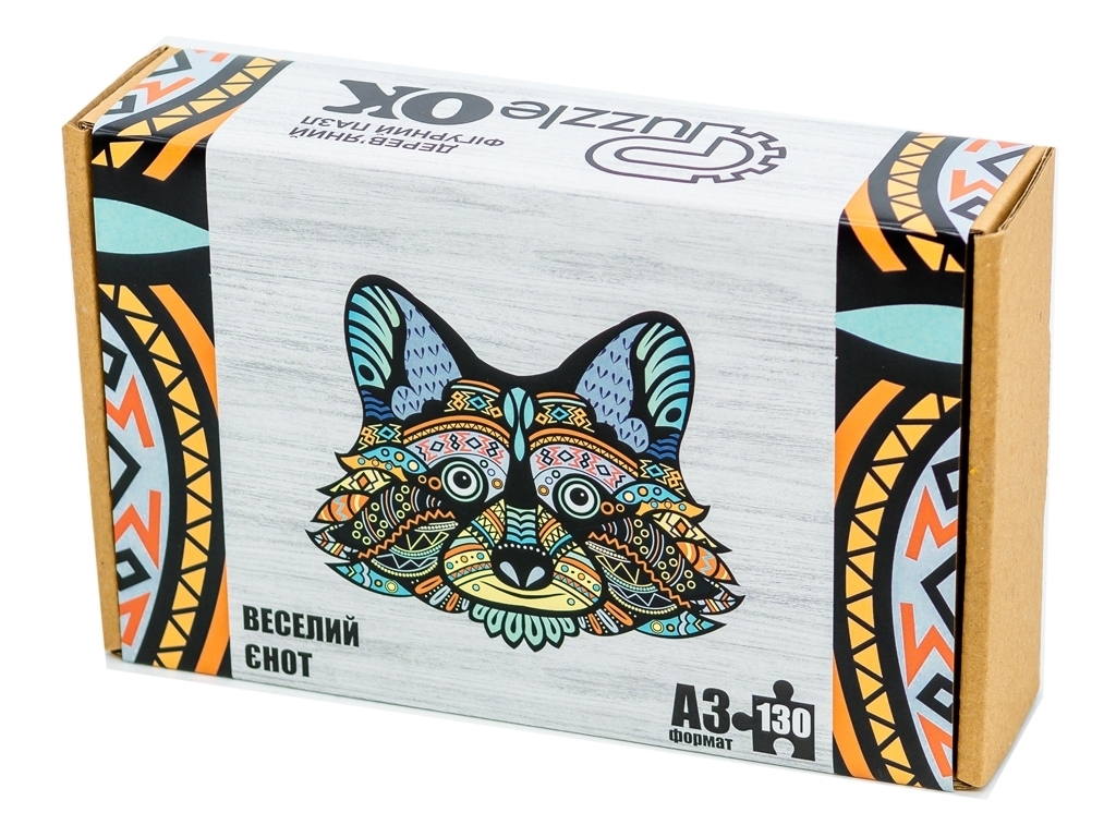 Фигурный деревянный пазл Веселый Енот A3 в картонной упаковке, PuzzleOk